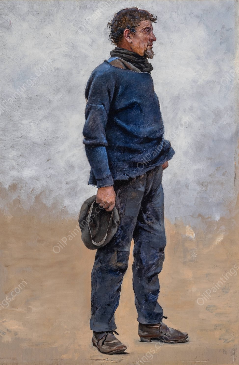 Man with Cap in Hand  by August Hagborg - Hand-Painted Oil Painting Reproduction