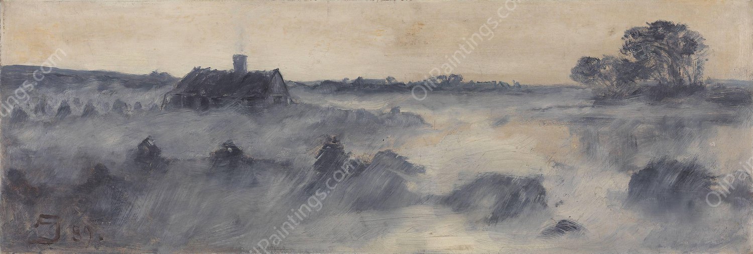 De svaje Ror stak de flossede Dupper op i den violette Damp; og et lavt hus, hvis Yderveg var flettet av disse Ror, stak Taget op igennem Dampen  by August Jerndorff - Hand-Painted Oil Painting Reproduction