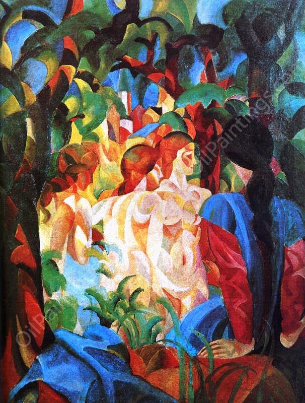 Girls Bathing with Town in Background by August Macke - Hand-Painted Oil Painting Reproduction