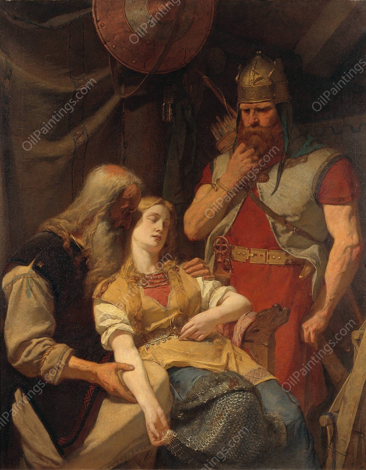 Ingeborg Receiving News of Hjalmar's Death from Orvar Odd  by August Malmstrom - Hand-Painted Oil Painting Reproduction