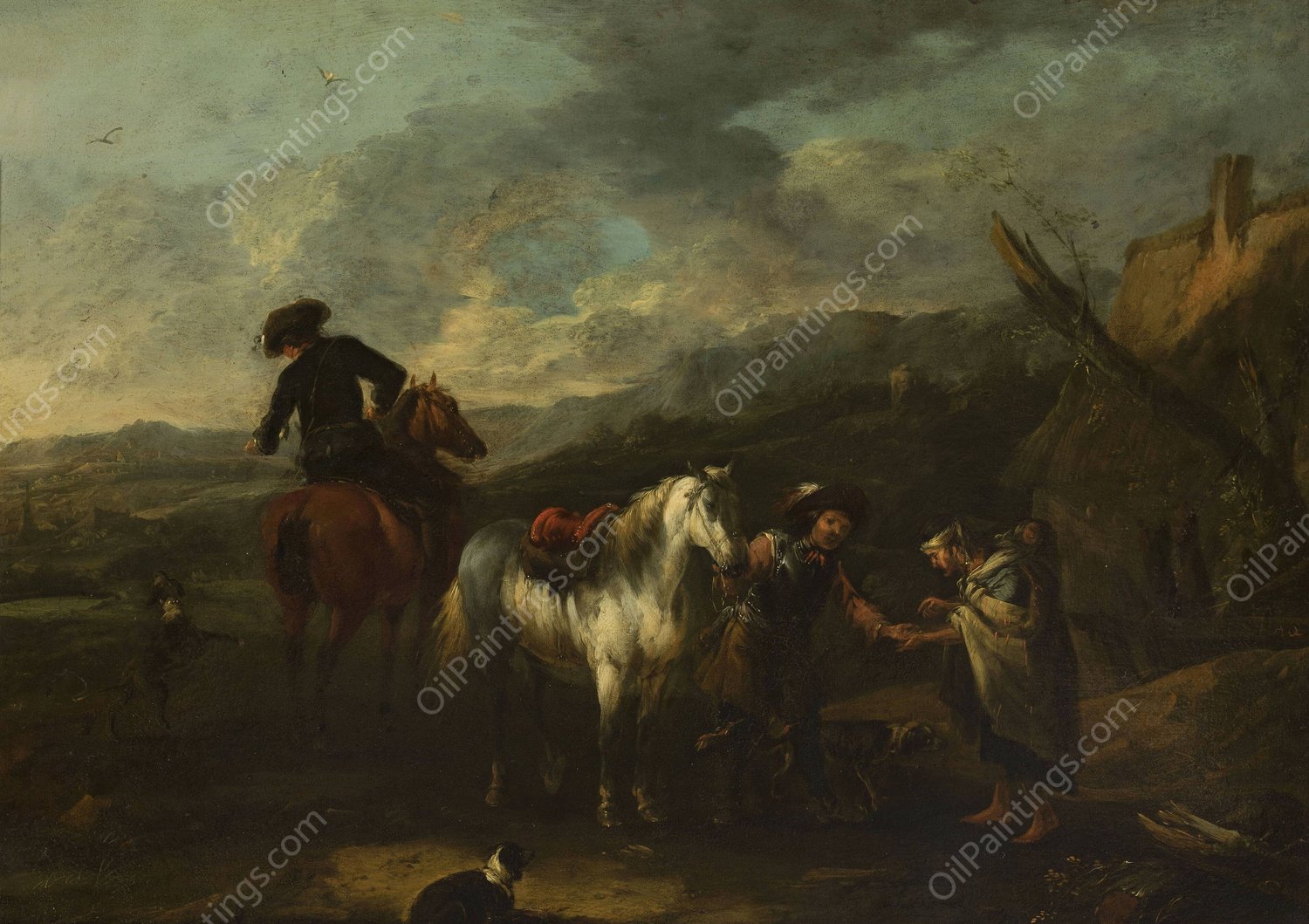 Horsemen and a beggar woman against landscape by August Querfurt - Hand-Painted Oil Painting Reproduction
