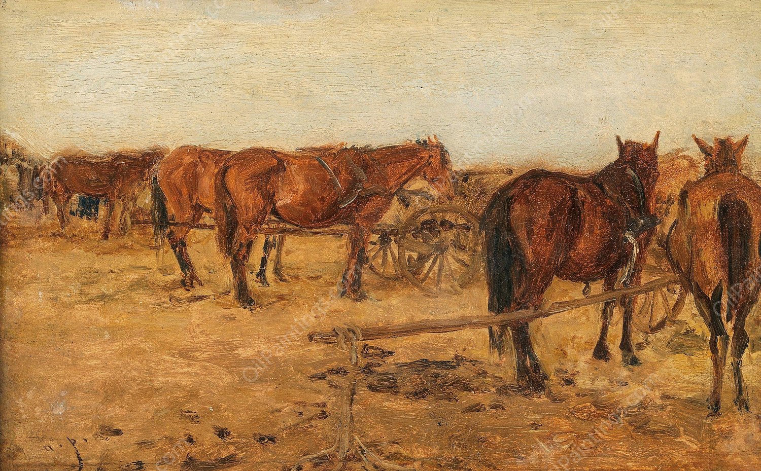 Ausgespannte Pferde und Wagen by August Von Pettenkofen - Hand-Painted Oil Painting Reproduction