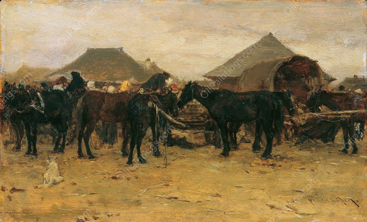 Pferdemarkt in Szolnok I  by August Von Pettenkofen - Hand-Painted Oil Painting Reproduction