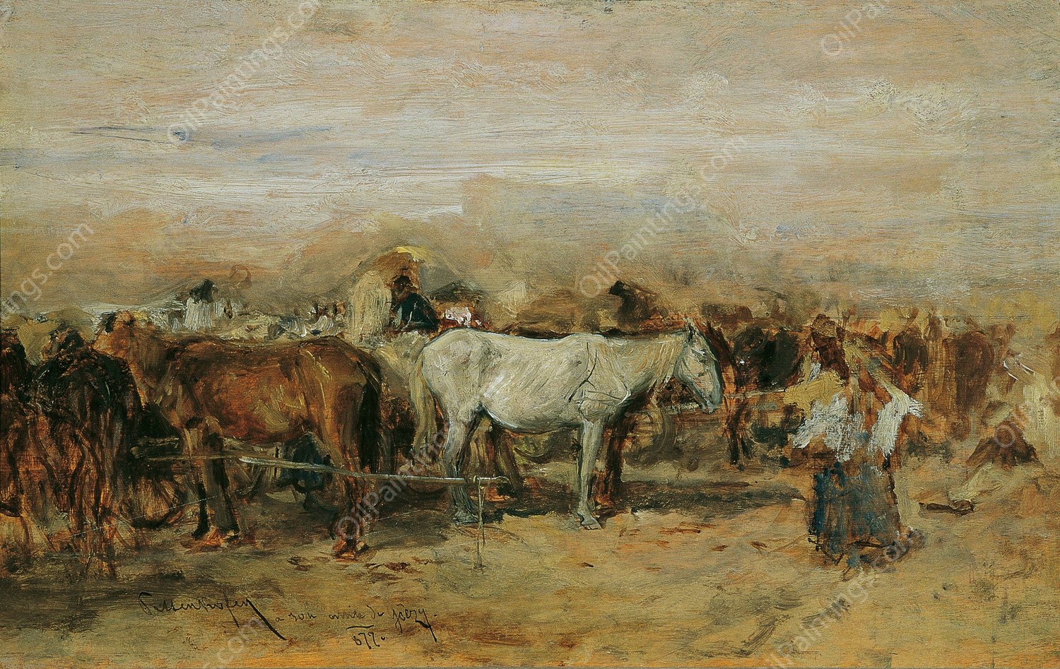 Pferdemarkt in Szolnok II  by August Von Pettenkofen - Hand-Painted Oil Painting Reproduction