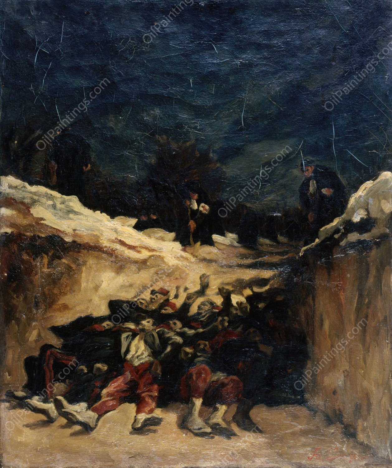 Zouaves morts dans une tranchee. Scene de la guerre de 1870  by Auguste Andre Lancon - Hand-Painted Oil Painting Reproduction