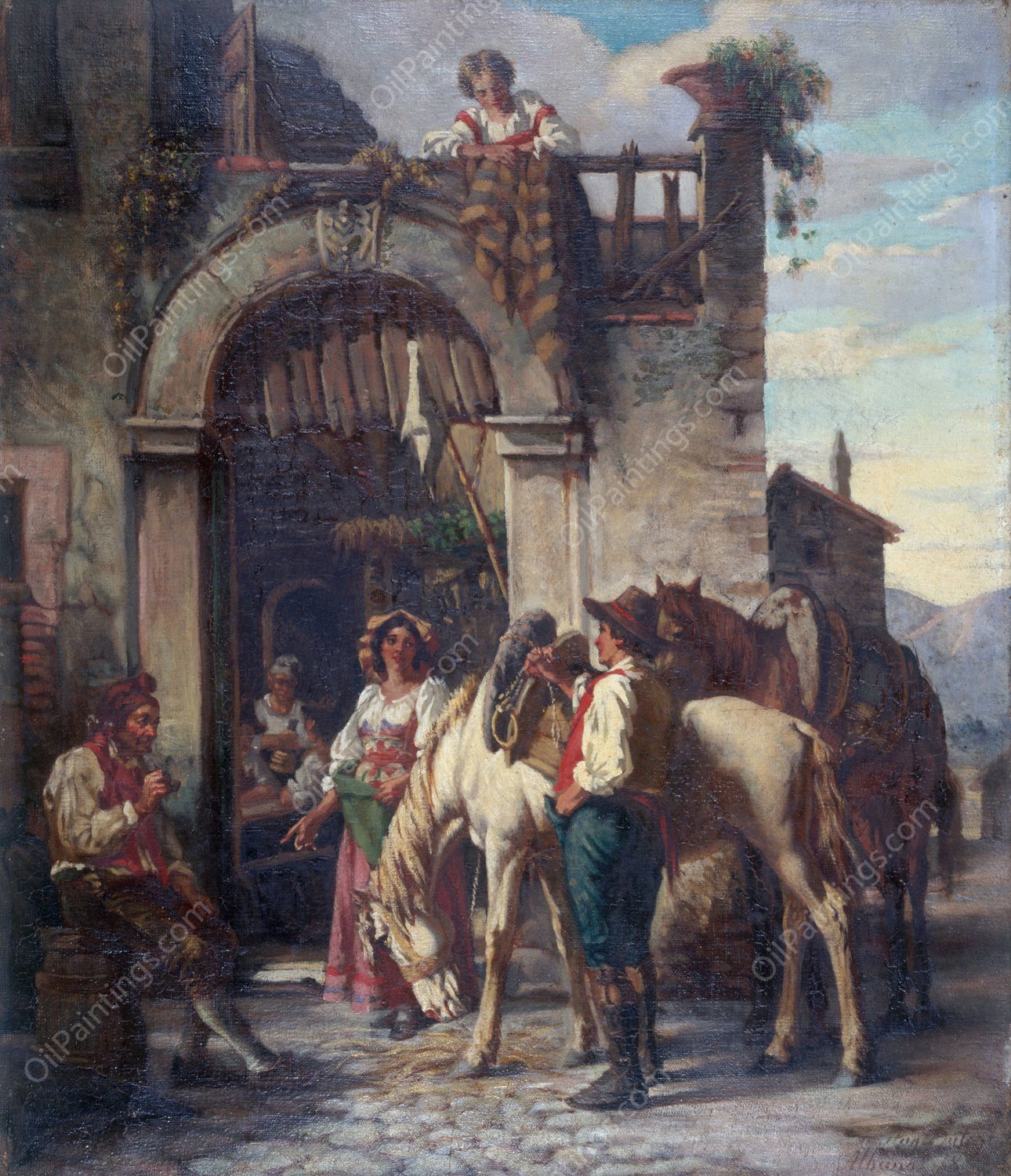 La halte des chevaux a l'auberge  by Auguste Dutuit - Hand-Painted Oil Painting Reproduction
