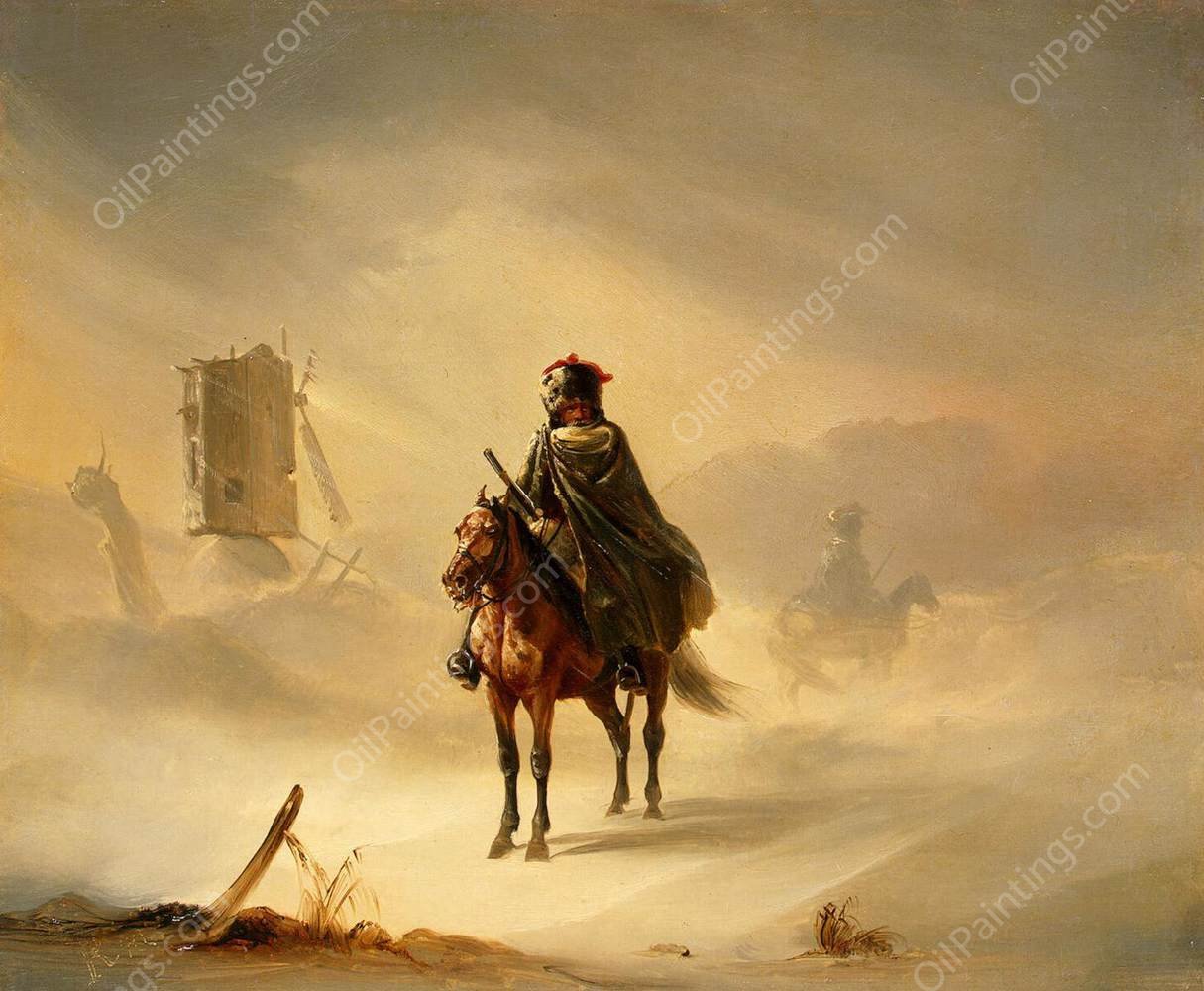 Two French Hussars on Patrol in Winter by Auguste Raffet - Hand-Painted Oil Painting Reproduction