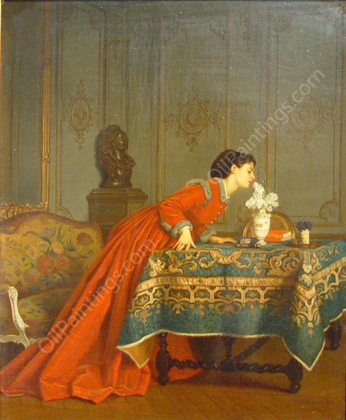 A Fine Scent by Auguste Toulmouche - Hand-Painted Oil Painting Reproduction