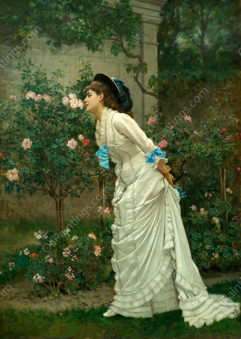 Girl and Roses by Auguste Toulmouche - Hand-Painted Oil Painting Reproduction