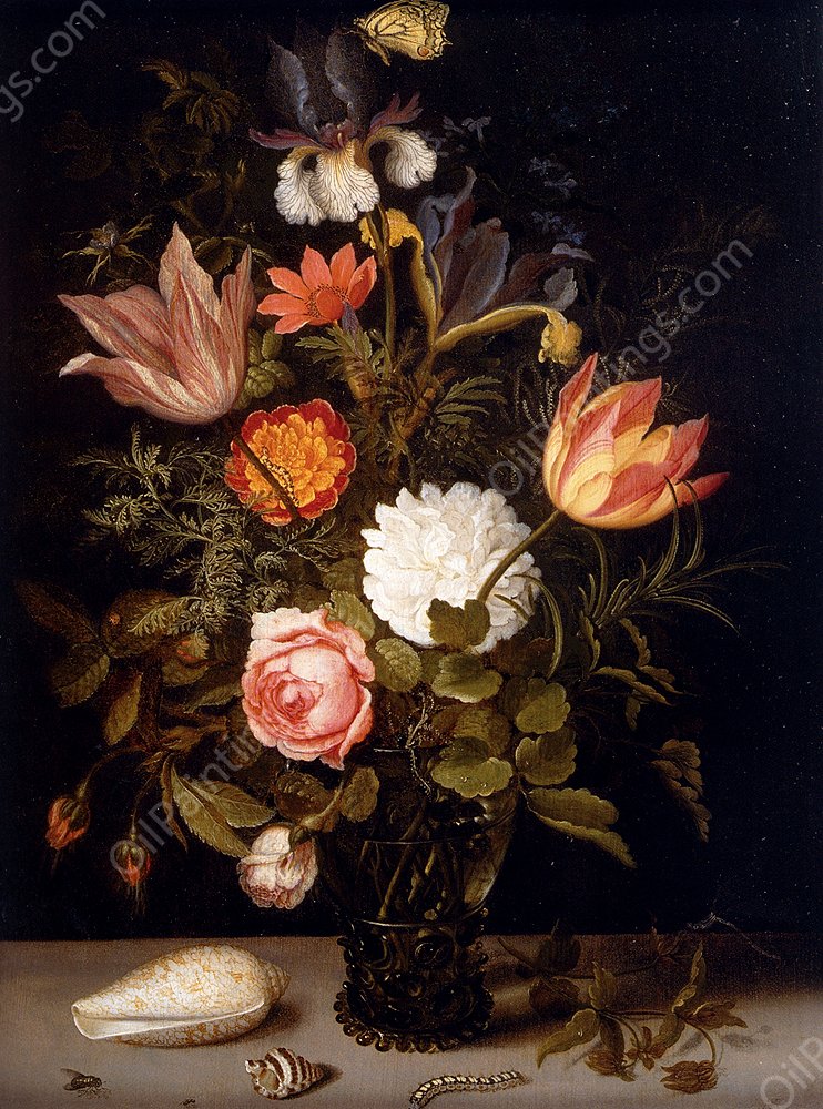 Still Life of Roses, Tulips, Irises, an African Marigold and other Flowers in a Roemer Resting on a Ledge, with Two Shells, a Butterfly and other Insects by Balthasar Van Der Ast - Hand-Painted Oil Painting Reproduction