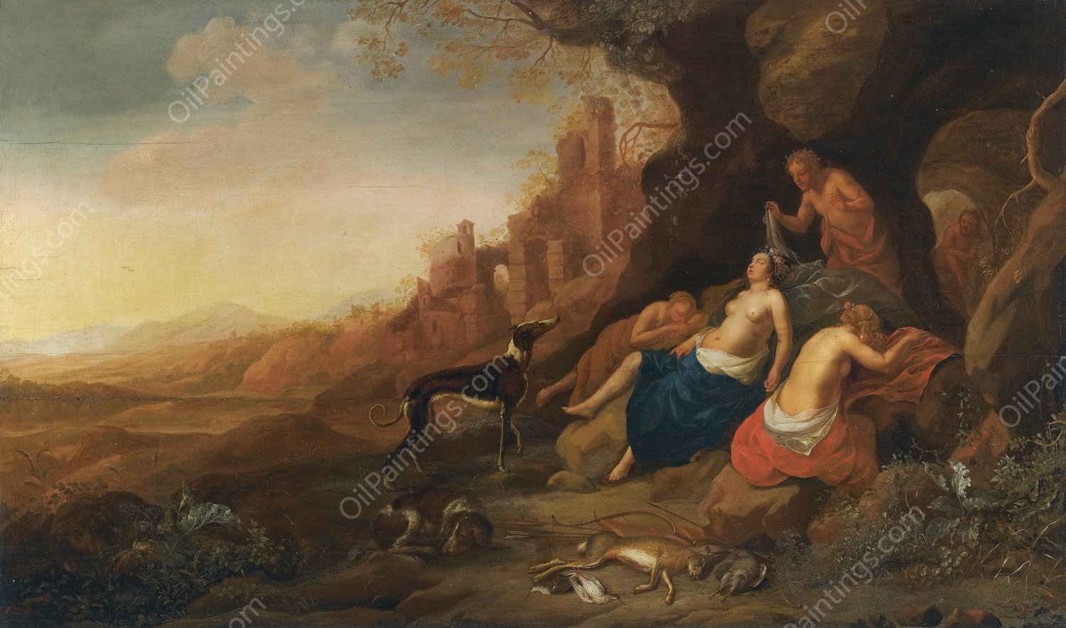 Diana And Her Nymphs Resting After A Hunt With Two Satyrs Spying On Them by Bartholomeus Breenbergh - Hand-Painted Oil Painting Reproduction