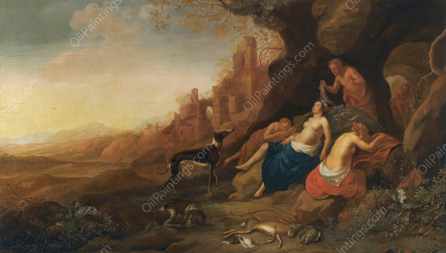 Diana And Her Nymphs Resting After A Hunt With Two Satyrs Spying On Them by Bartholomeus Breenbergh - Hand-Painted Oil Painting Reproduction