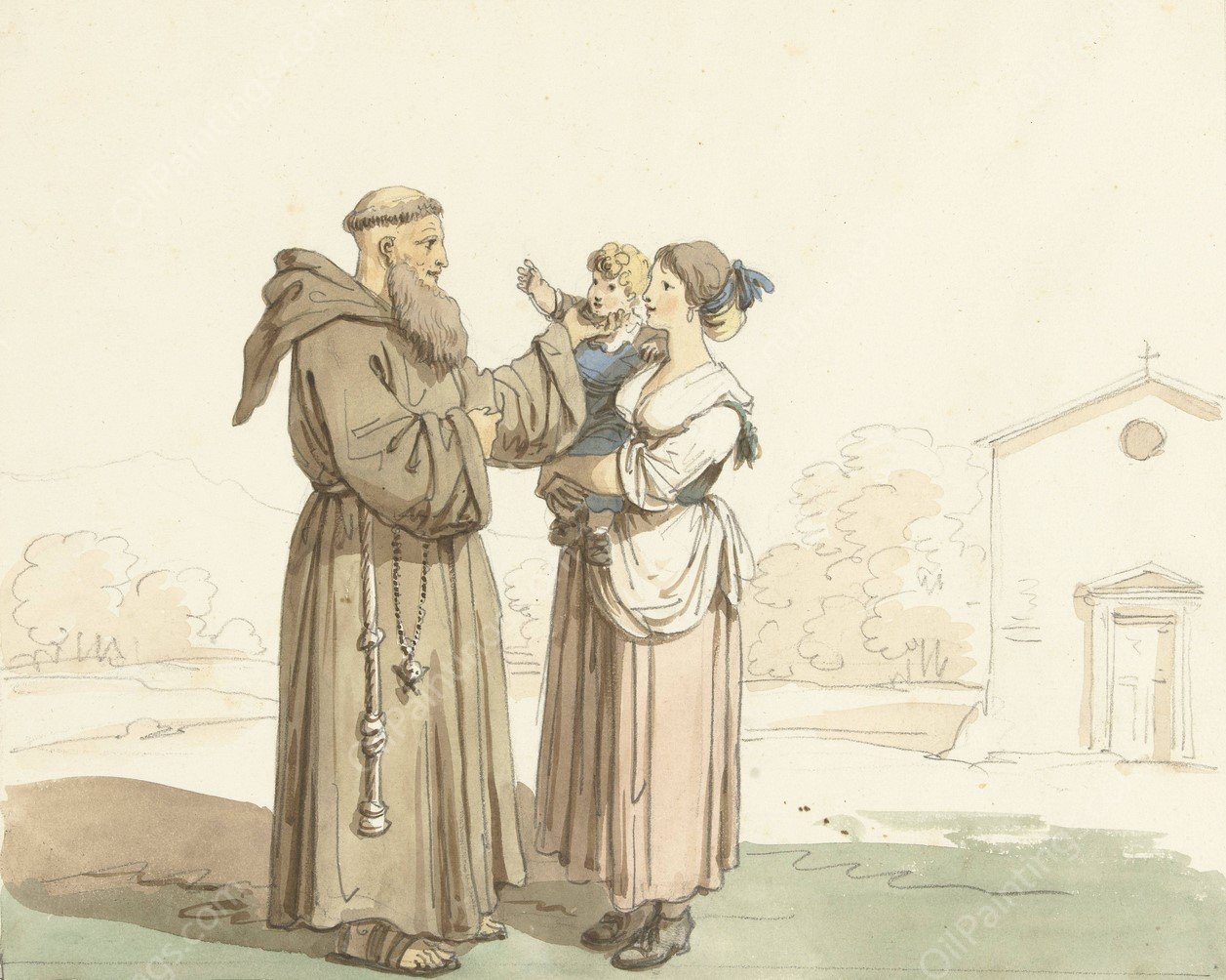 Jonge vrouw met kind staande voor een monnik  by Bartolomeo Pinelli - Hand-Painted Oil Painting Reproduction