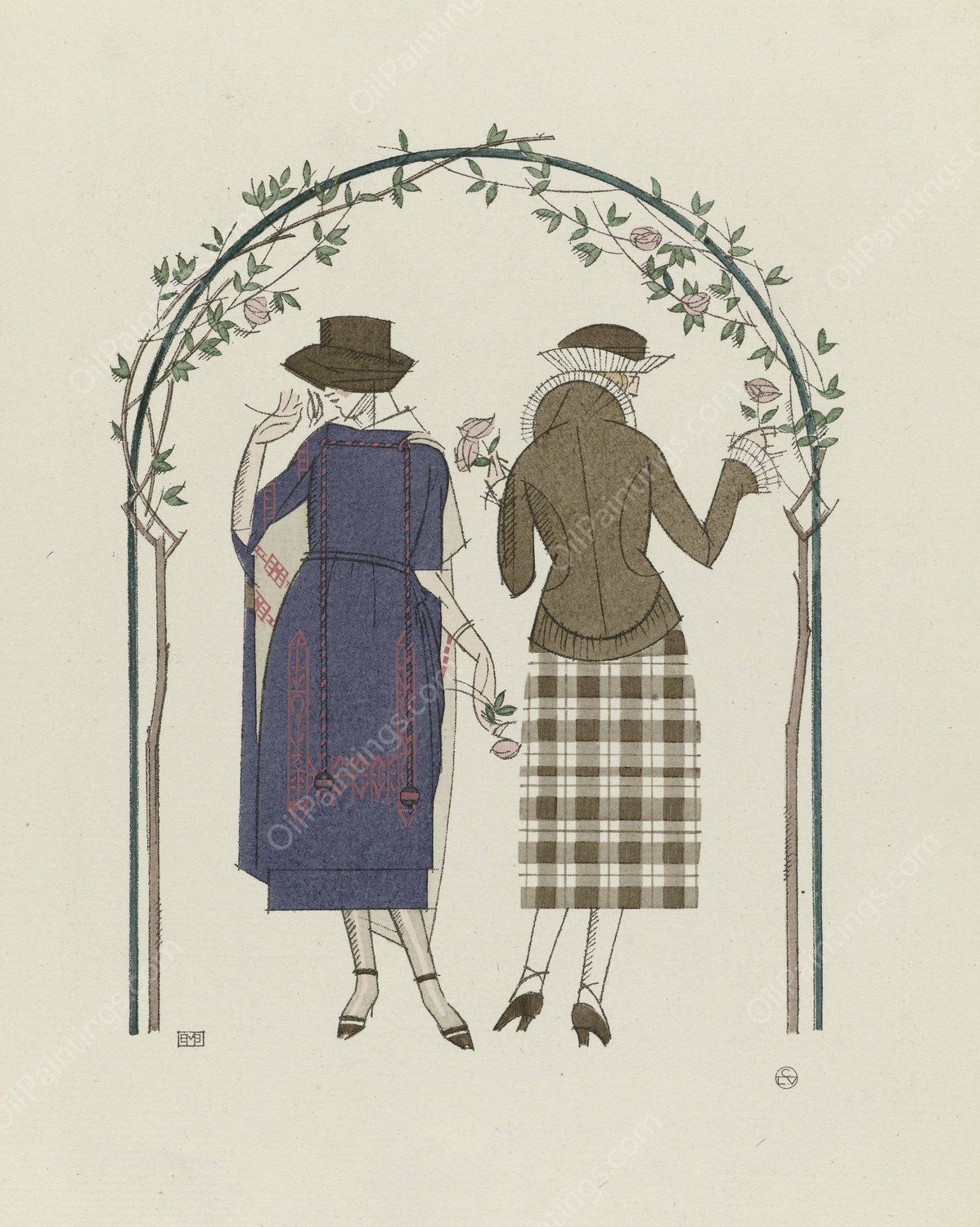 Les premieres roses ; Tailleur et robe d'apres-midi, de Worth  by Bernard Boutet De Monvel - Hand-Painted Oil Painting Reproduction