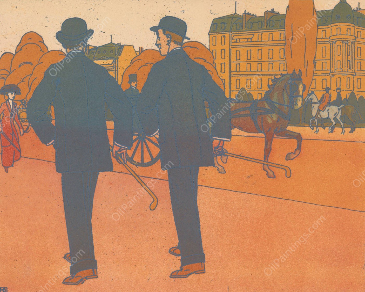 Twee wandelende mannen met bolhoed  by Bernard Boutet De Monvel - Hand-Painted Oil Painting Reproduction