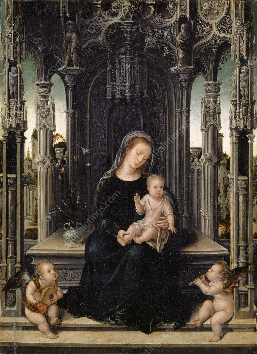 Virgin and Child with Music Making Angels  by Bernard Van Orley - Hand-Painted Oil Painting Reproduction