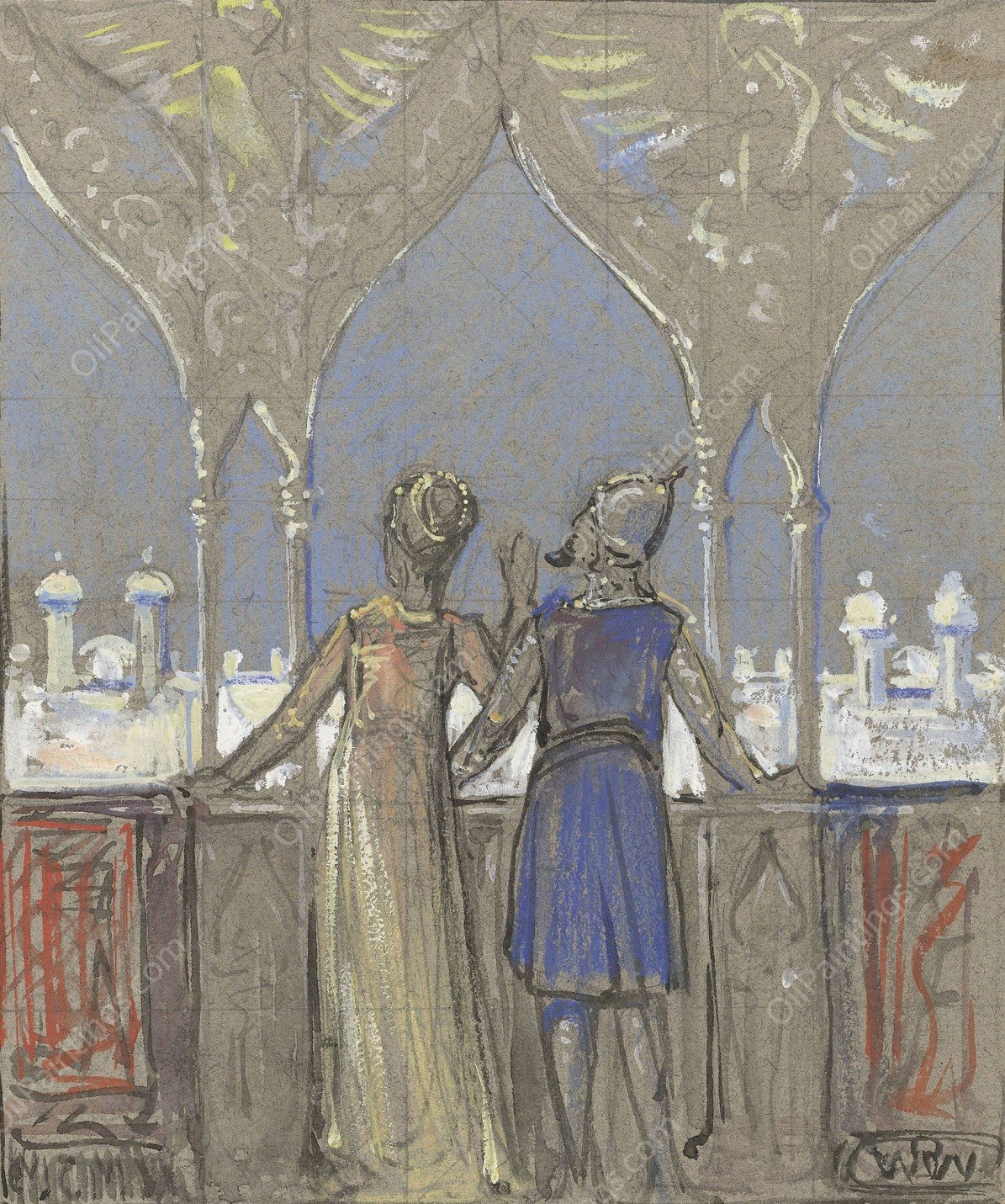 Paar uitkijkend over oosterse stad  by Bernard Willem Wierink - Hand-Painted Oil Painting Reproduction