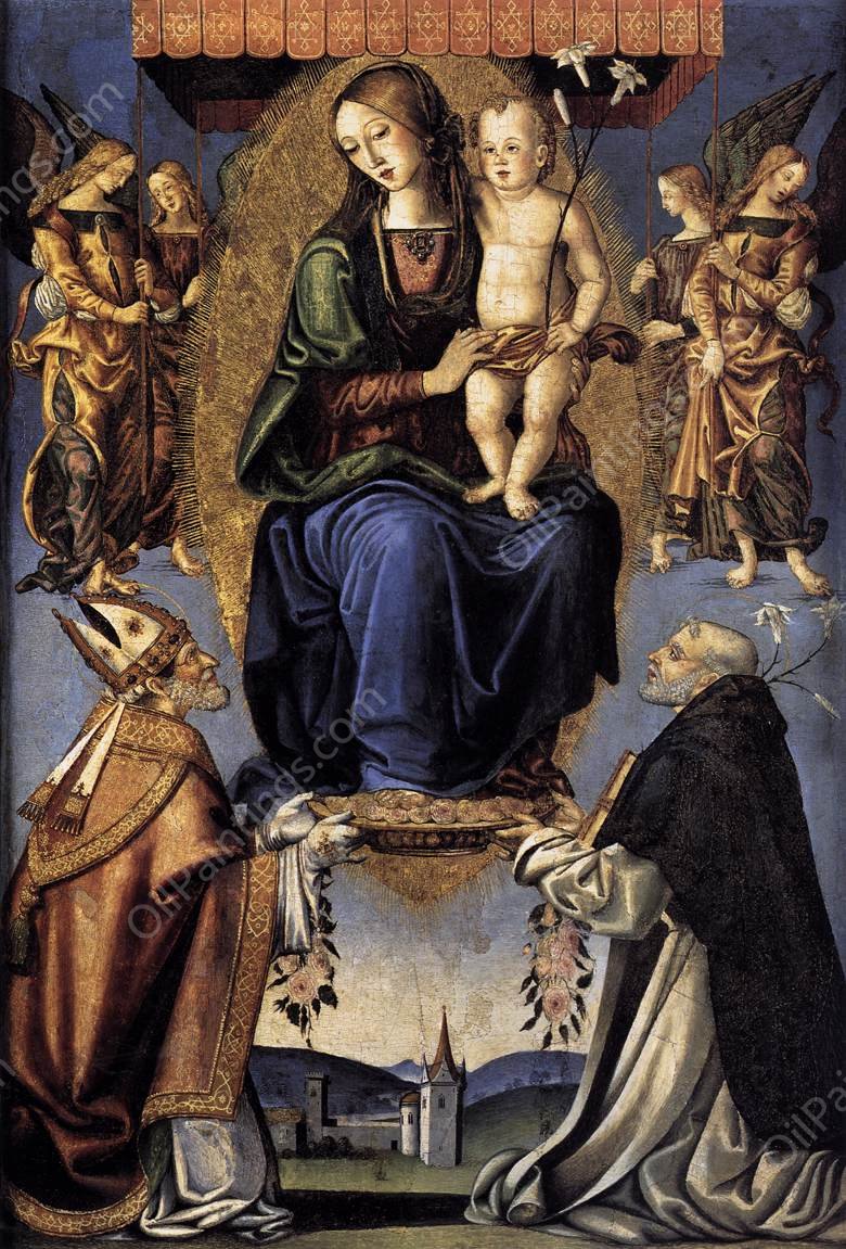 Madonna and Child with Sts Severino and Dominic by Bernardino Di Mariotto Dello Stagno - Hand-Painted Oil Painting Reproduction