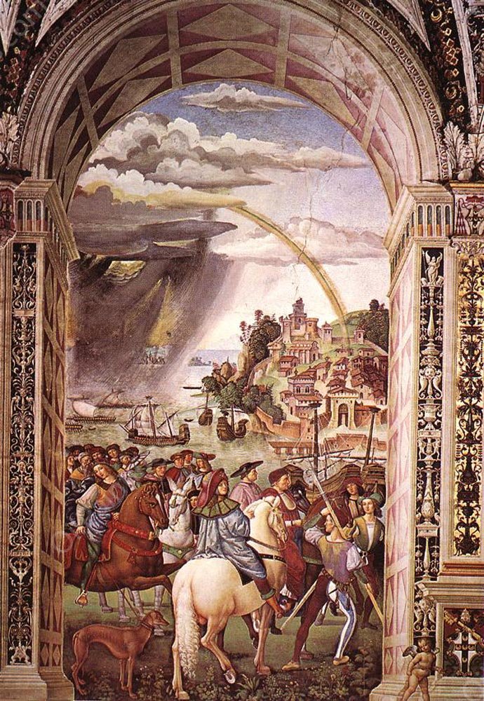 Aeneas Piccolomini Leaves for the Council of Basle by Bernardino Pinturicchio - Hand-Painted Oil Painting Reproduction