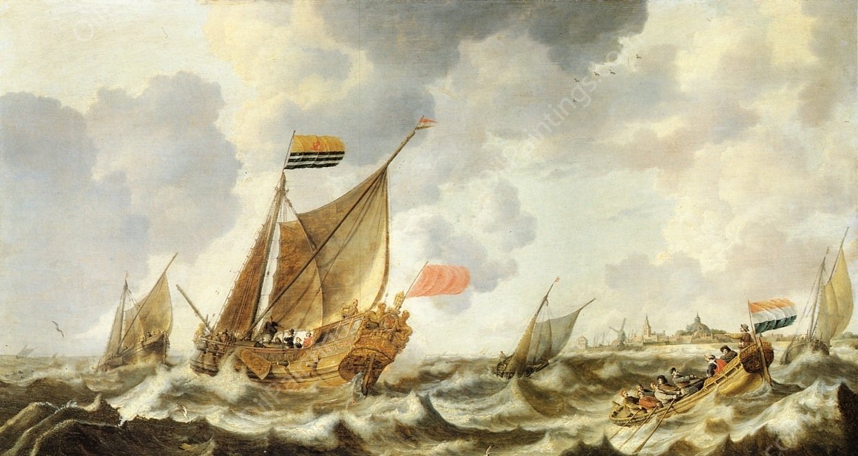 A Rowing Vessel Approaching a Zeeland States Yacht Firing a Salute, in Choppy Seas off Vlissingen, with Other Shipping Beyond by Bonaventura Peeters The Elder - Hand-Painted Oil Painting Reproduction