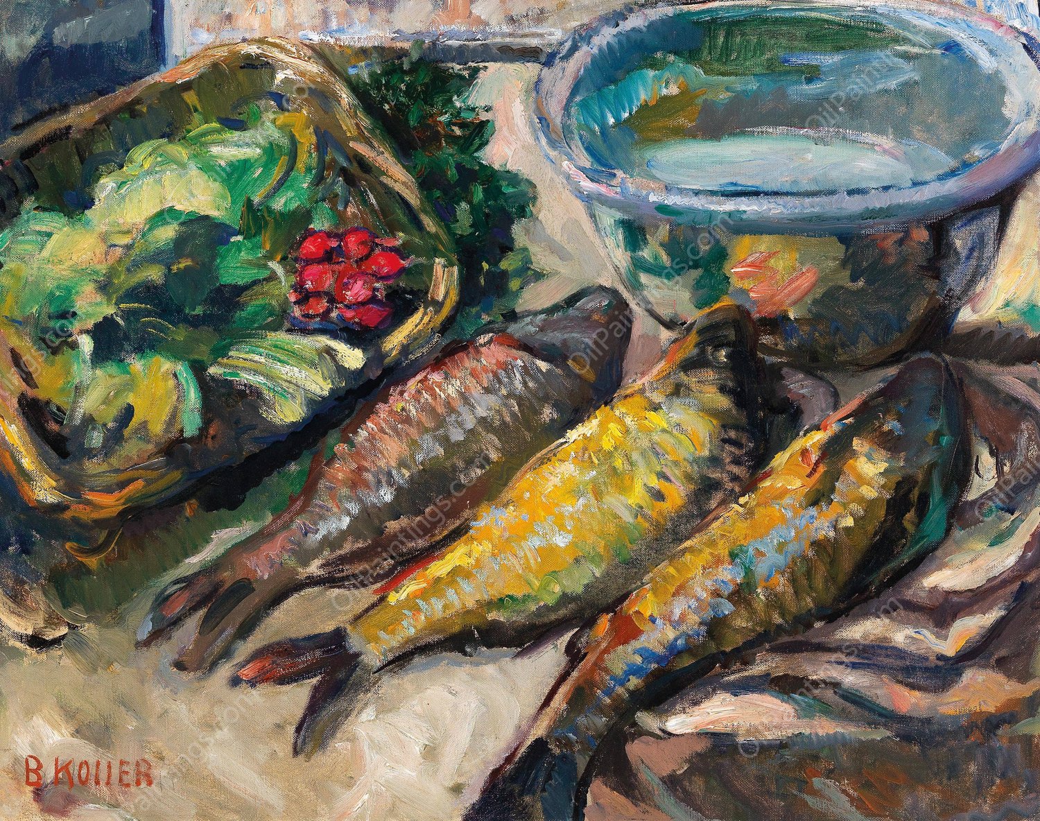 Still Life With Three Fish by Broncia Koller-Pinell - Hand-Painted Oil Painting Reproduction