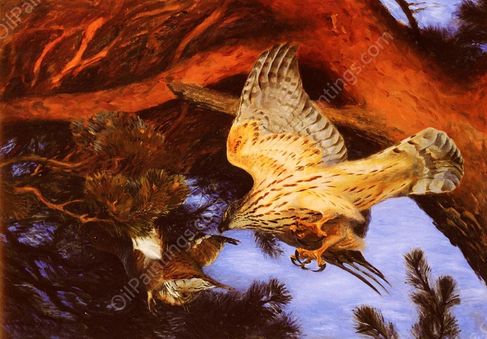 Hawk Attacking Prey by Bruno Liljefors - Hand-Painted Oil Painting Reproduction