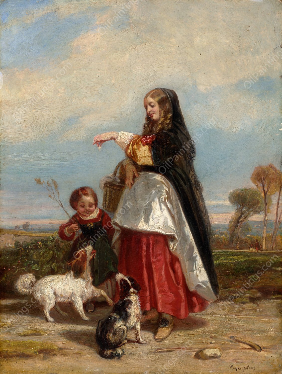 Woman And Child With Dogs  by Camille-Joseph-Etienne Roqueplan - Hand-Painted Oil Painting Reproduction