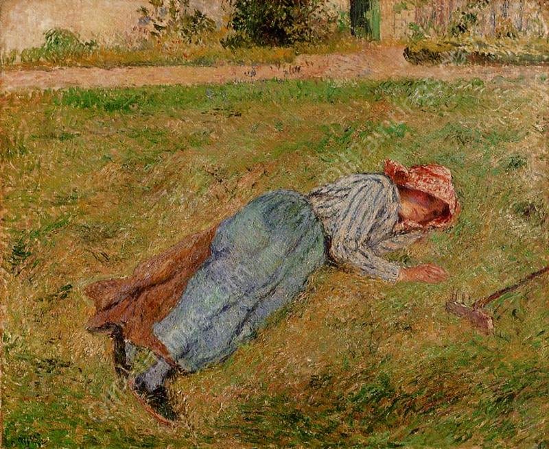 Resting, Peasant Girl Lying on the Grass, Pontoise by Camille Pissarro - Hand-Painted Oil Painting Reproduction