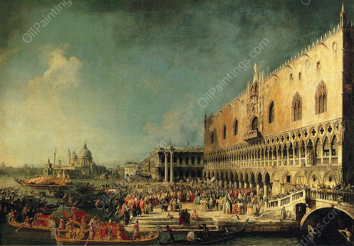 Arrival of the French Ambassador at the Doge's Palace by Canaletto - Hand-Painted Oil Painting Reproduction