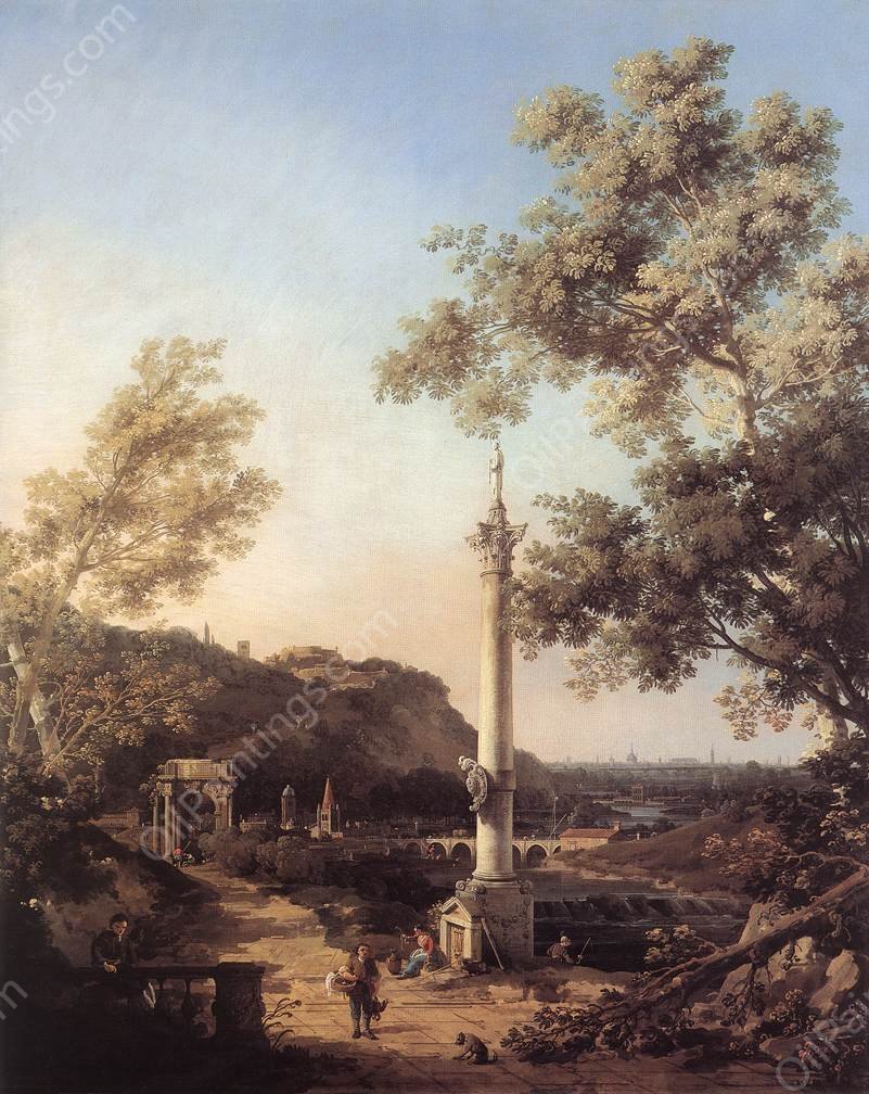 Capriccio: River Landscape with a Column by Canaletto - Hand-Painted Oil Painting Reproduction