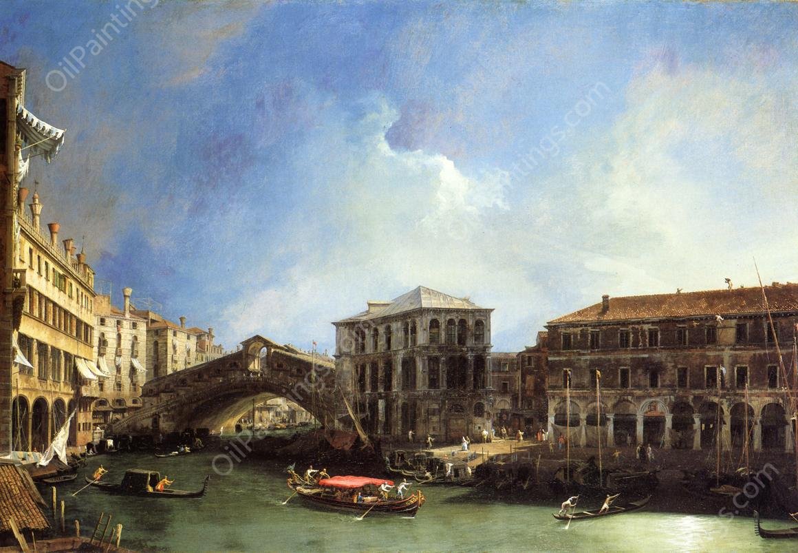 Grand Canal: the Rialto Bridge from the North by Canaletto - Hand-Painted Oil Painting Reproduction