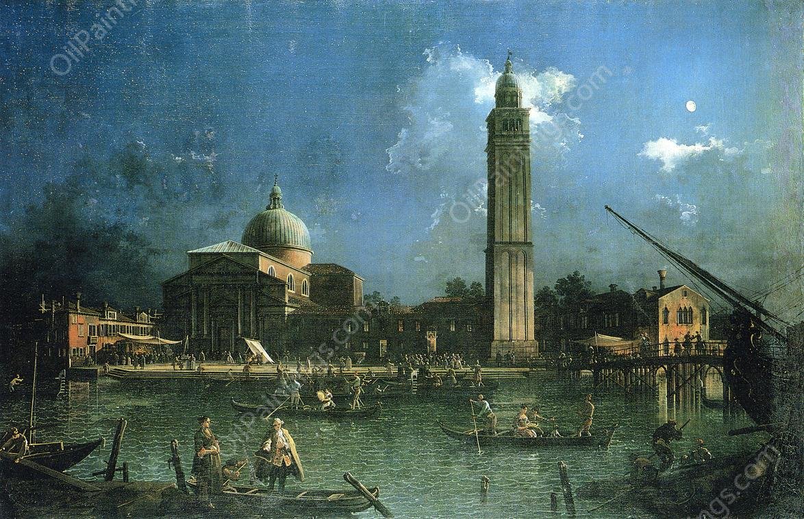 Night-time Celebration Outside the Church of San Pietro di Castello by Canaletto - Hand-Painted Oil Painting Reproduction