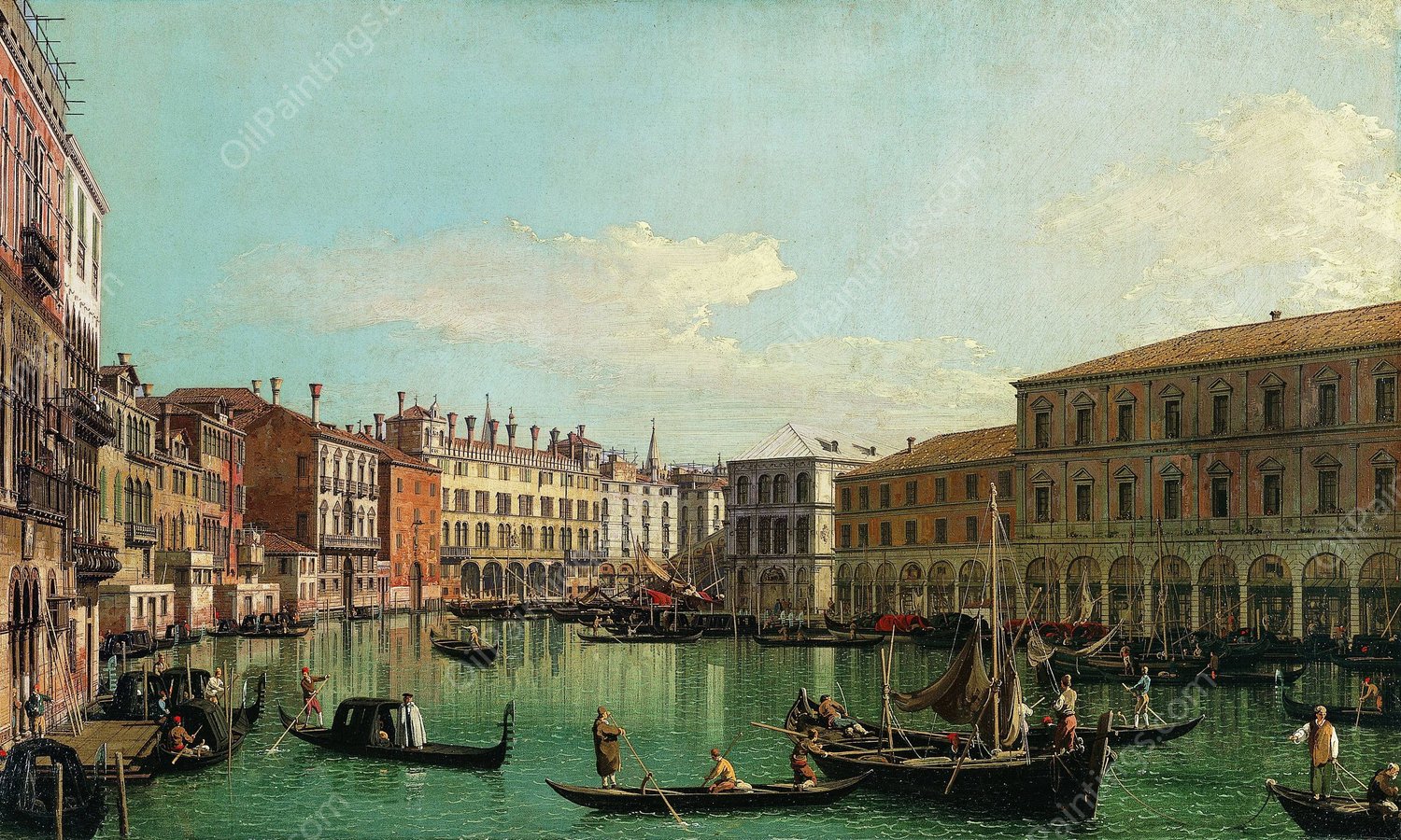 The Grand Canal, Venice, Looking South toward the Rialto Bridge  by Canaletto - Hand-Painted Oil Painting Reproduction
