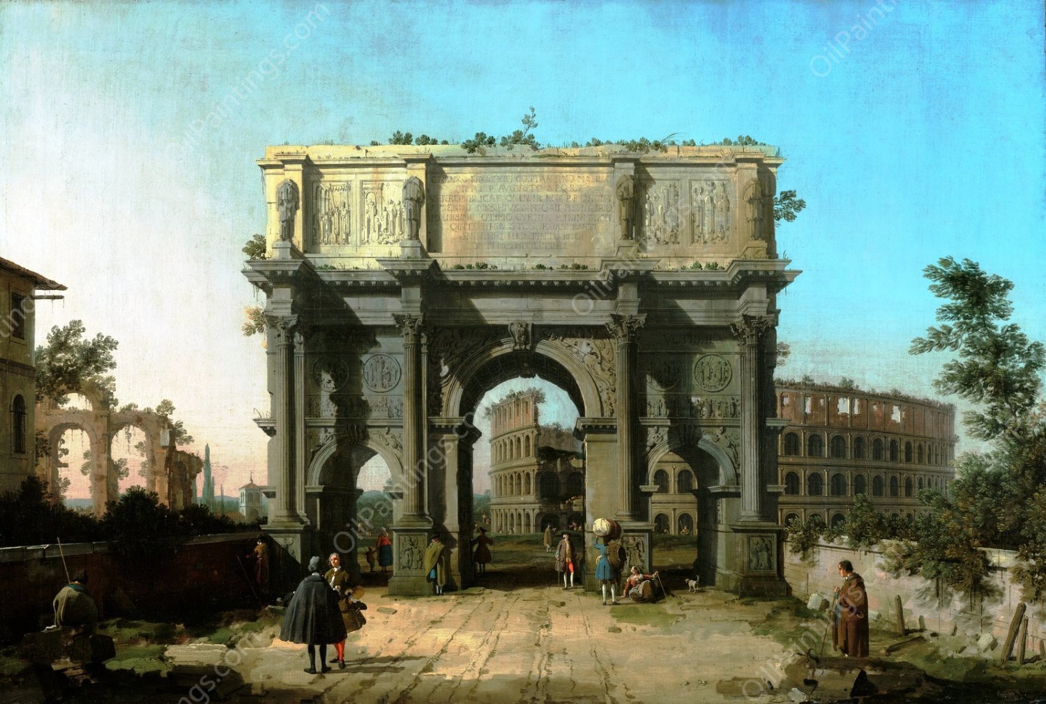 View the Arch of Constantine with the Coliseum by Canaletto - Hand-Painted Oil Painting Reproduction