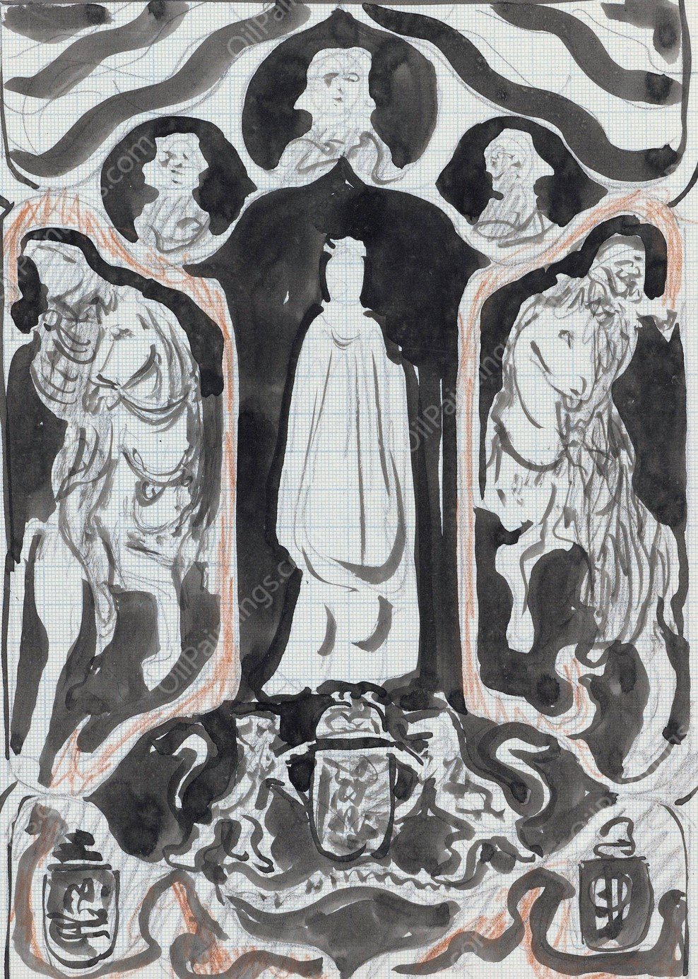 Ontwerp met staande vrouw met ruiters aan weerszijden  by Carel Adolph Lion Cachet - Hand-Painted Oil Painting Reproduction