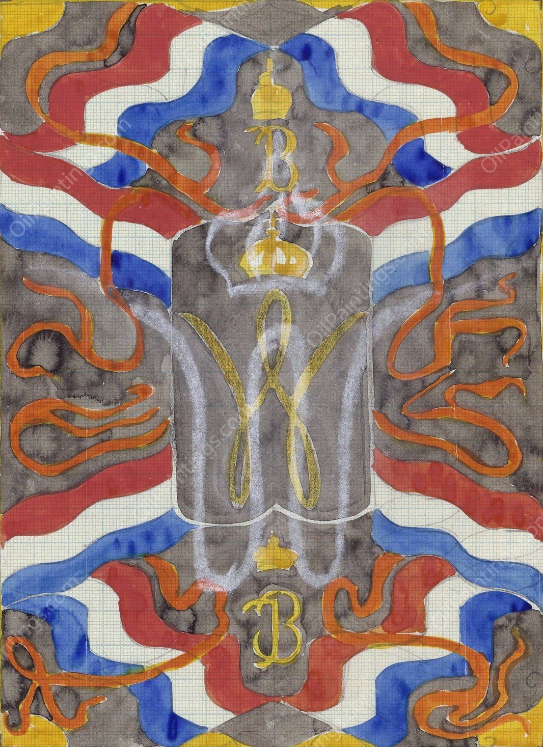 Ontwerp met vlaggen, vaandels en een gekroonde W en B  by Carel Adolph Lion Cachet - Hand-Painted Oil Painting Reproduction