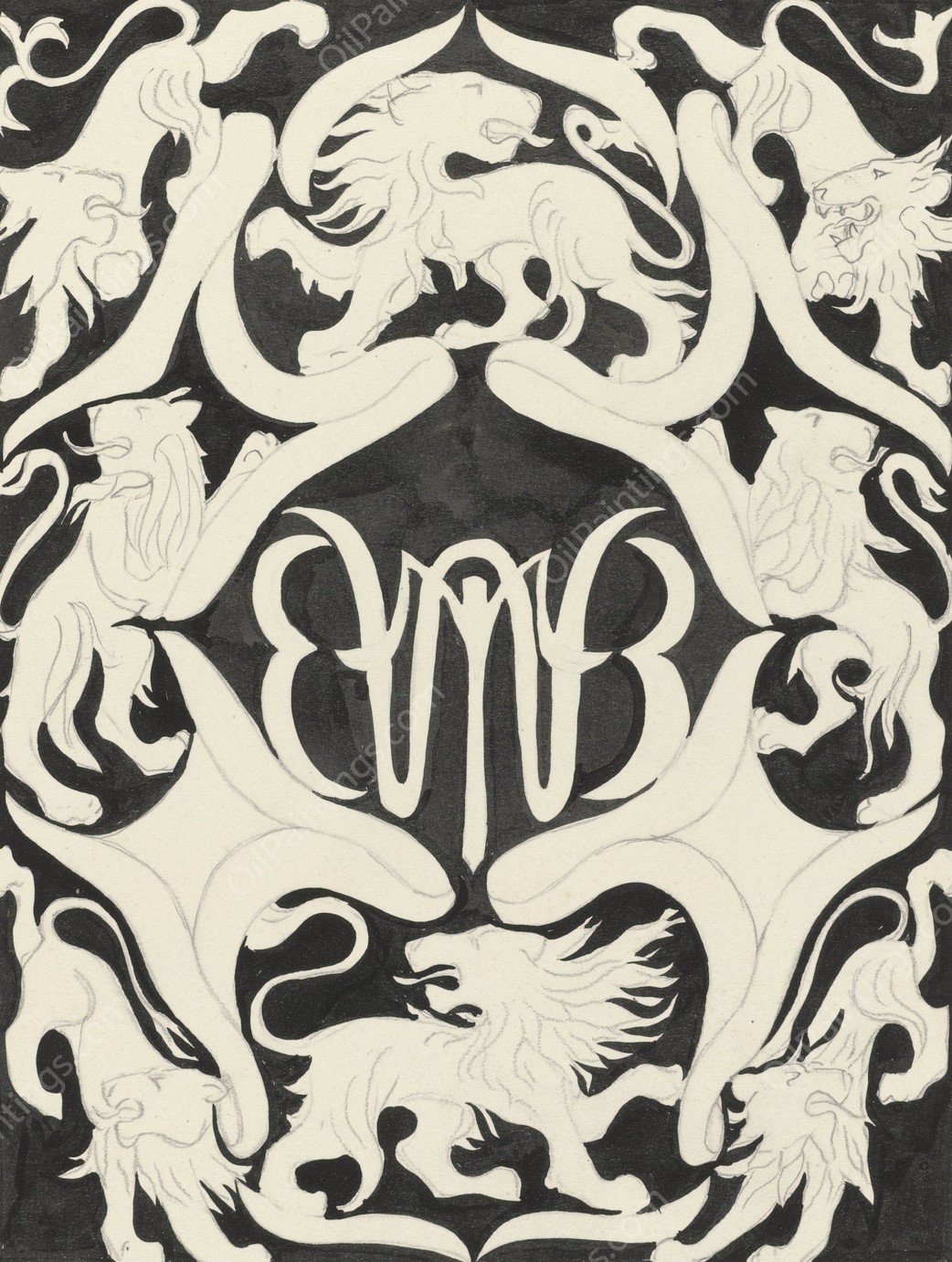 Ontwerp voor een ex libris met monogram en leeuwen  by Carel Adolph Lion Cachet - Hand-Painted Oil Painting Reproduction