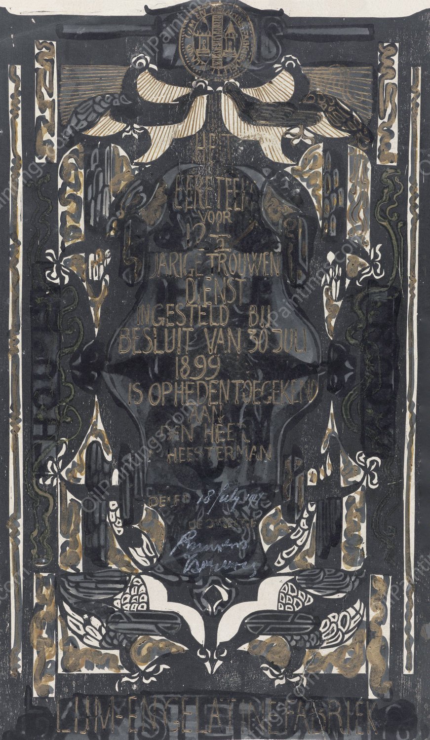 Ontwerp voor een oorkonde ter gelegenheid van twaalf en een half jaar trouwe dienst bij de Lijm- en Gelatinefabriek  by Carel Adolph Lion Cachet - Hand-Painted Oil Painting Reproduction