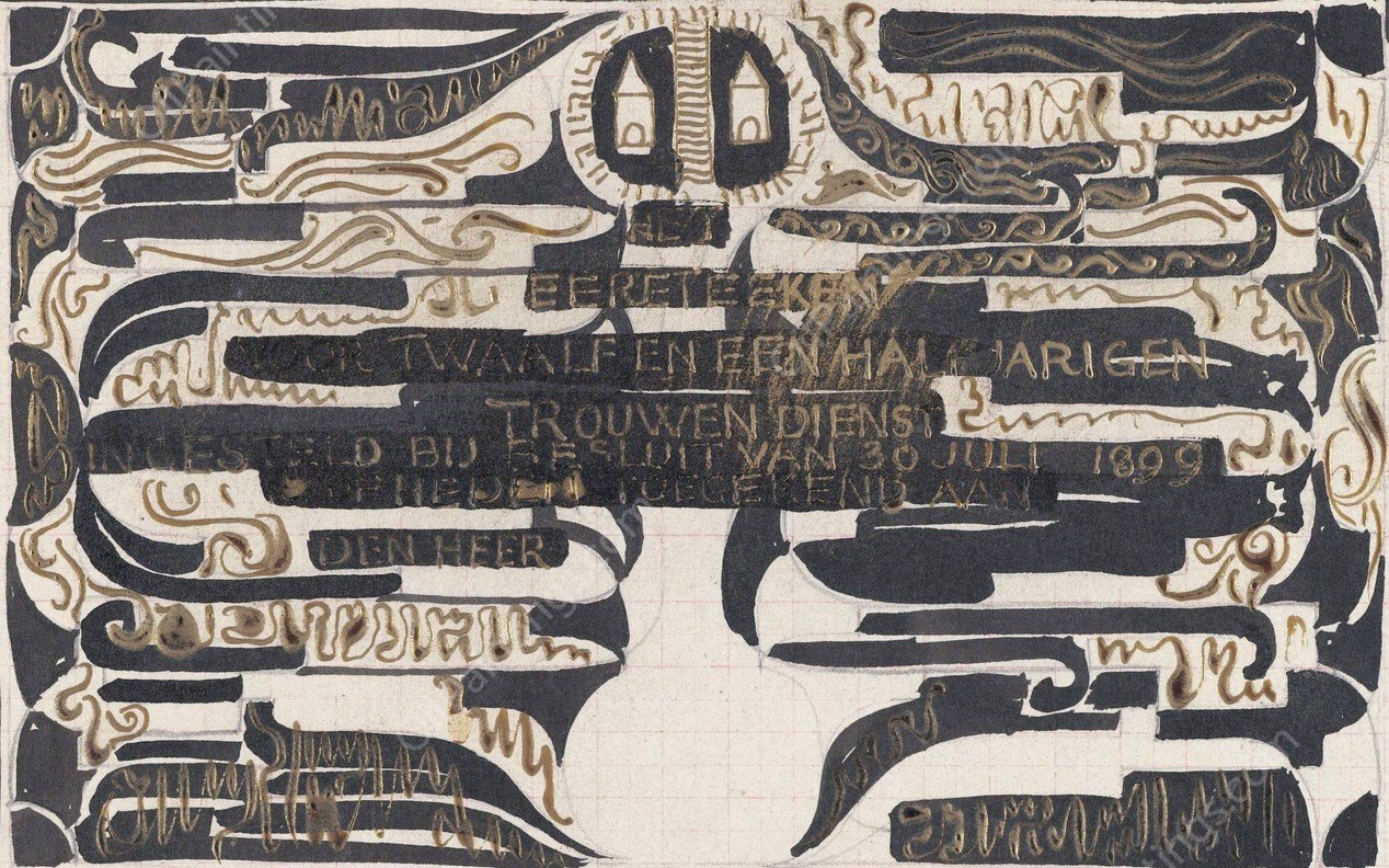 Ontwerp voor een oorkonde ter gelegenheid van twaalf-en-een-halfjarige dienst  by Carel Adolph Lion Cachet - Hand-Painted Oil Painting Reproduction