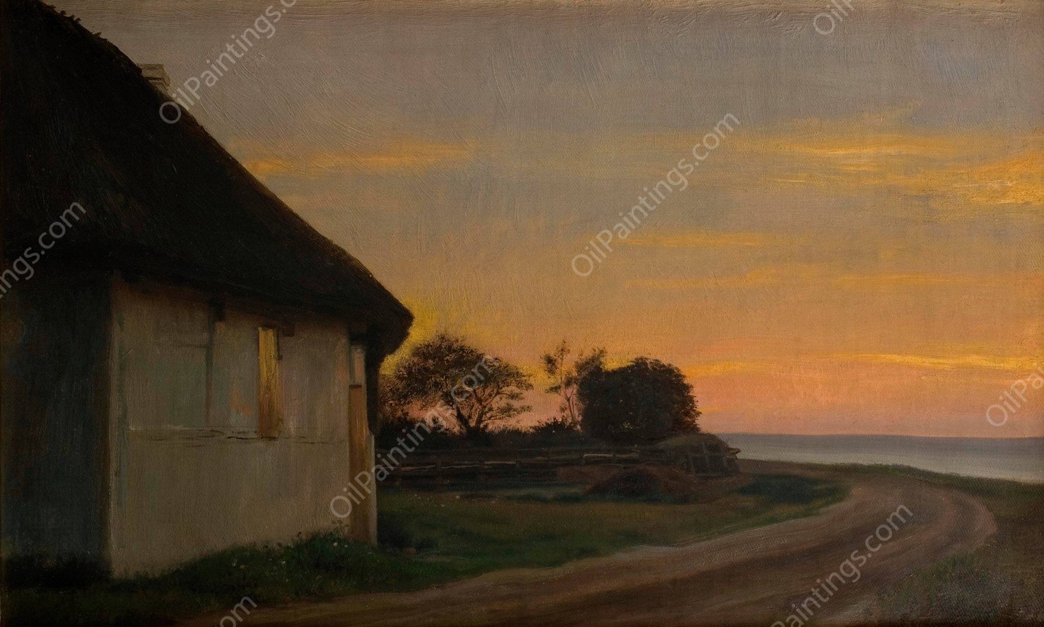 Evening lanscape with a house and garden by the sea. Ellekilde  by Carl Bloch - Hand-Painted Oil Painting Reproduction
