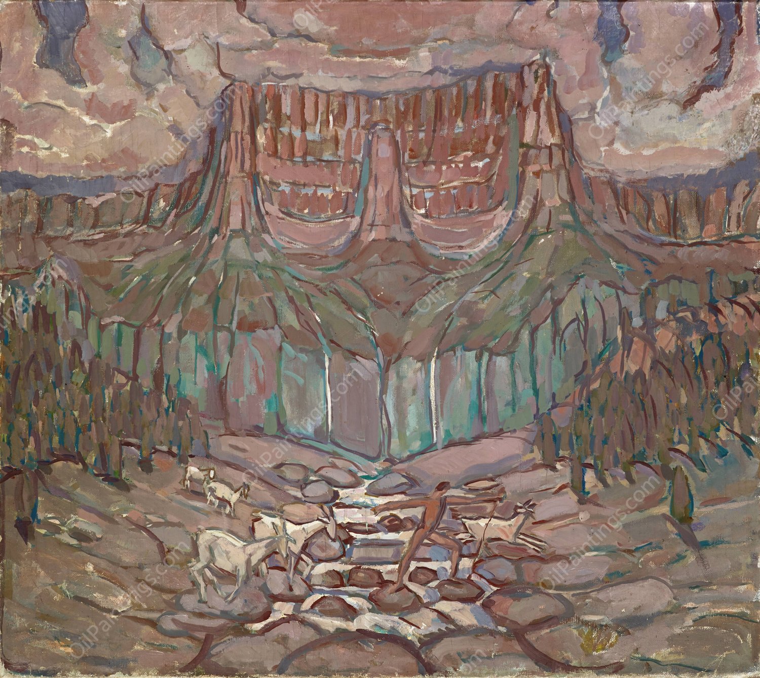 Shepherd and Flock Crossing a River in the Mountains  by Carl Burckhardt - Hand-Painted Oil Painting Reproduction