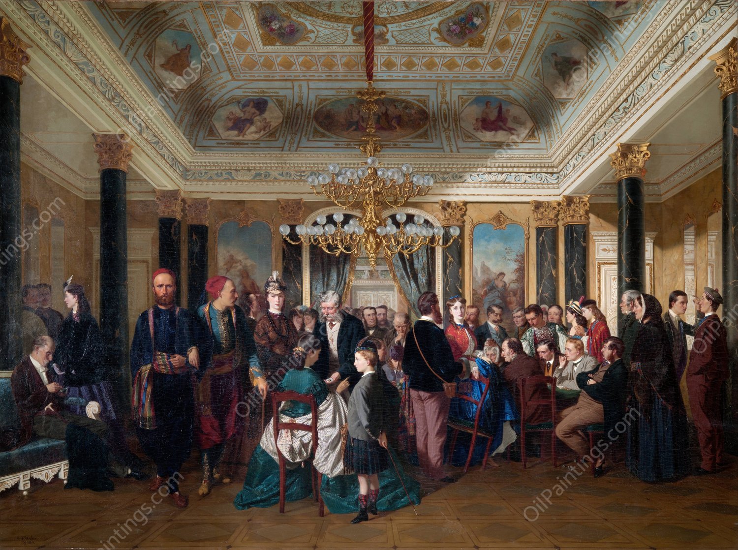 A Gaming Room in Wiesbaden  by Carl D'Unker - Hand-Painted Oil Painting Reproduction