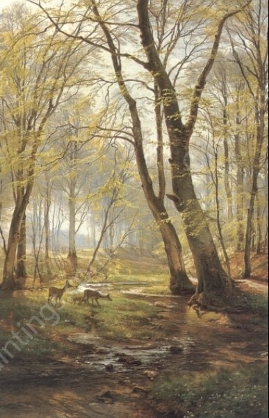 A Woodland Scene With Deer by Carl Frederic Aagaard - Hand-Painted Oil Painting Reproduction