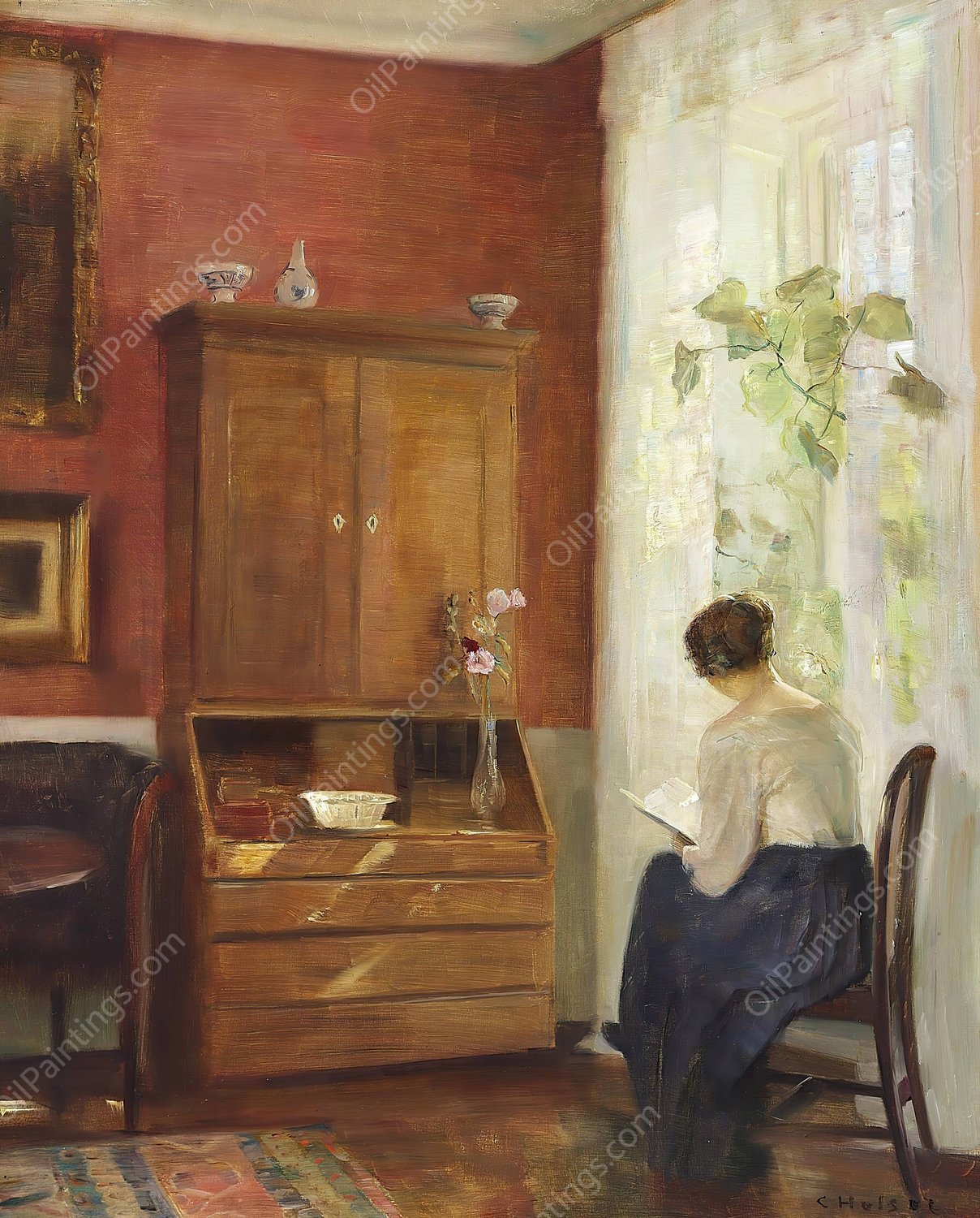 Interior med laesende kvinde ved vinduet by Carl Holsoe - Hand-Painted Oil Painting Reproduction