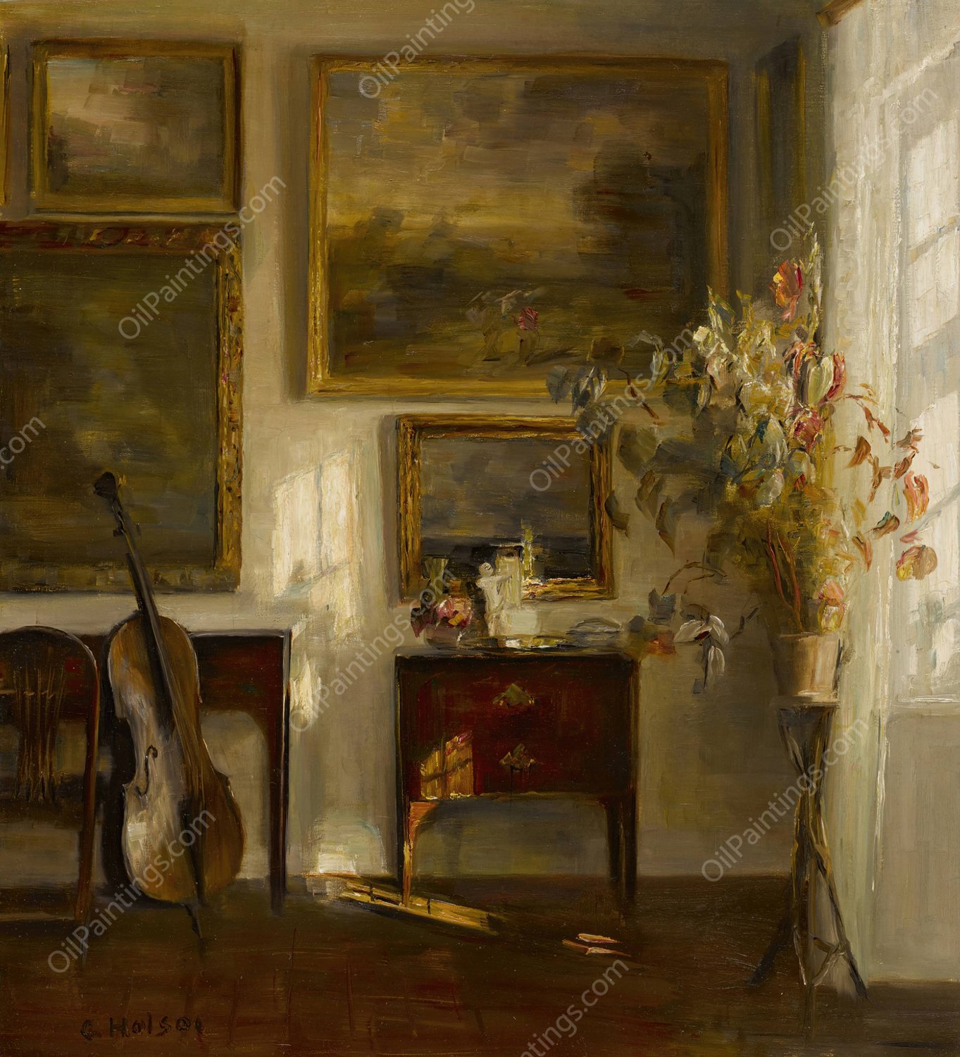 Interior with cello by Carl Holsoe - Hand-Painted Oil Painting Reproduction