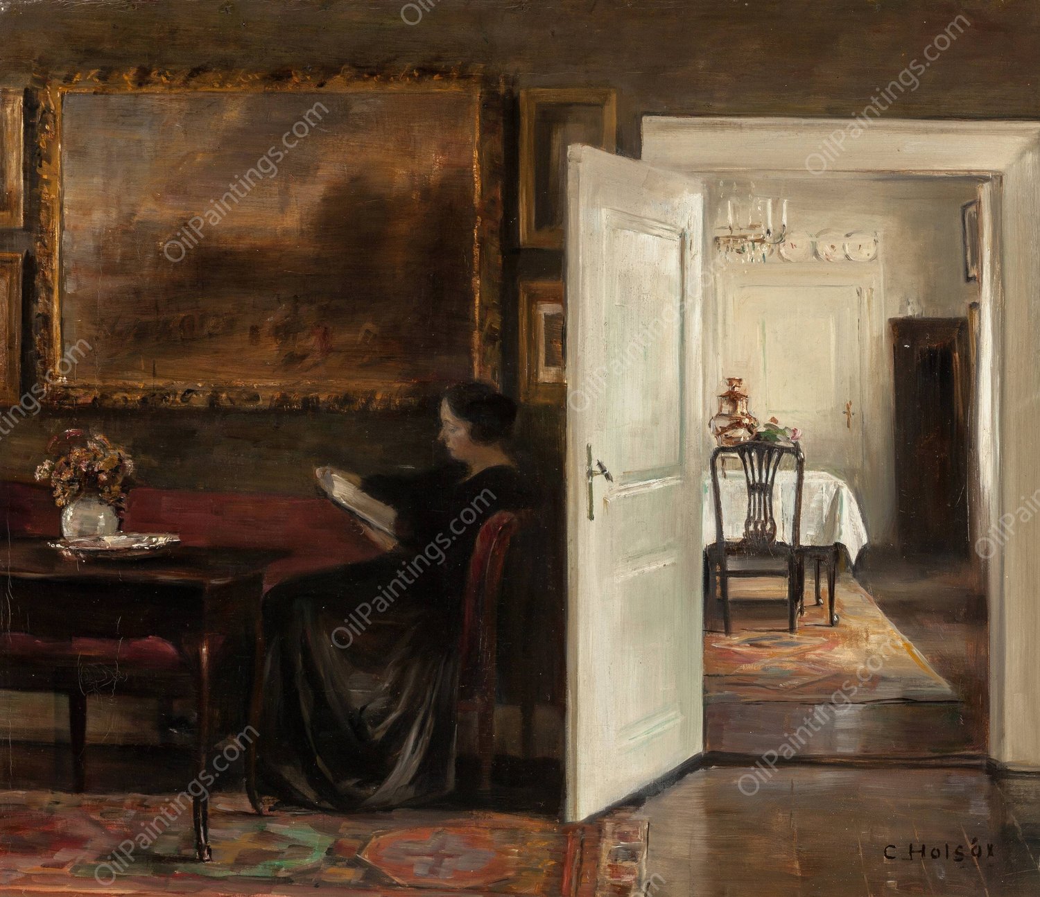 Reading on a Quiet Afternoon by Carl Holsoe - Hand-Painted Oil Painting Reproduction