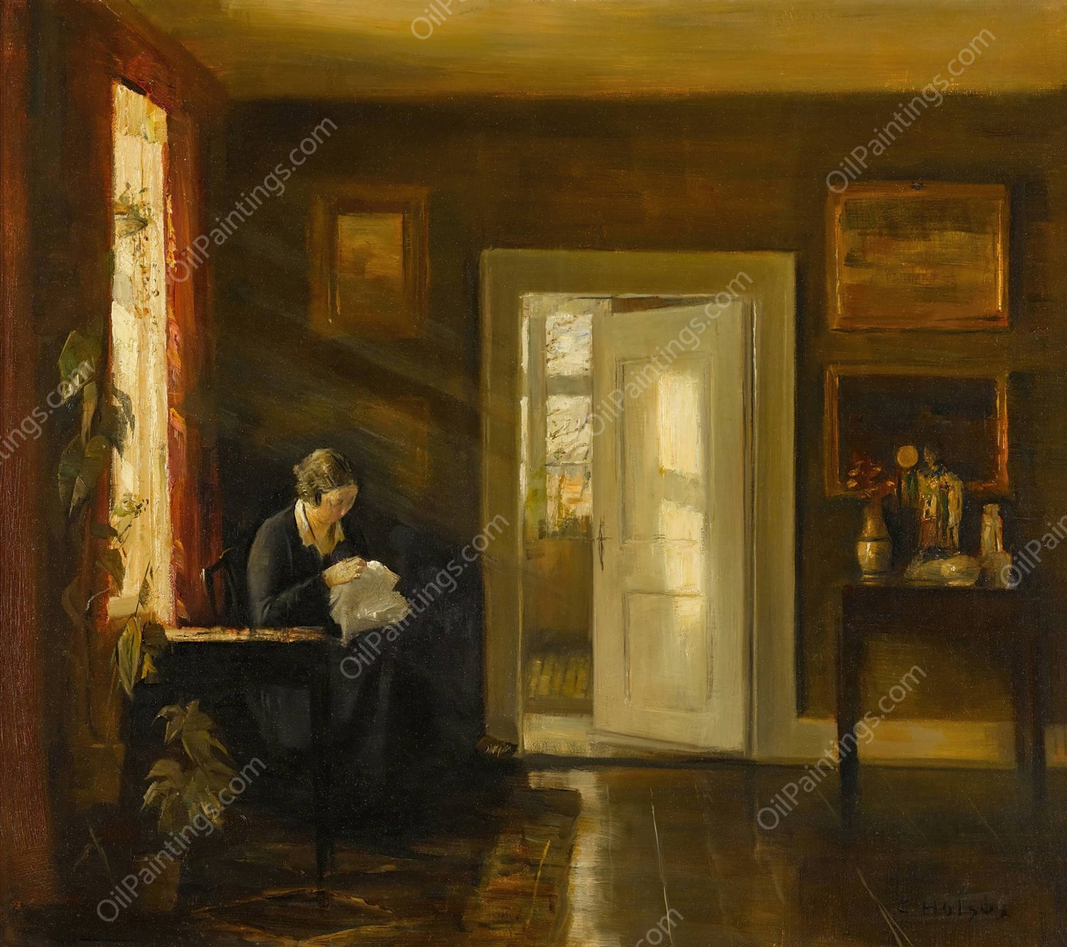 Sewing by the Window by Carl Holsoe - Hand-Painted Oil Painting Reproduction