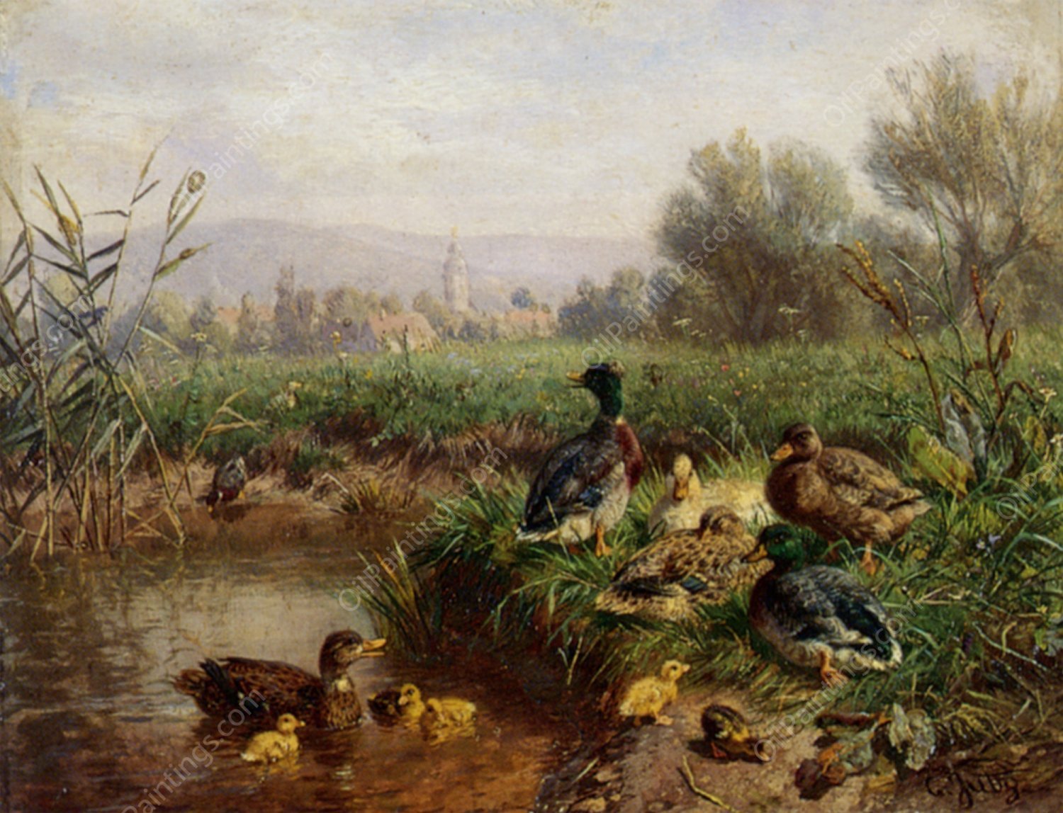 Ducks by a Pond by Carl Jutz - Hand-Painted Oil Painting Reproduction