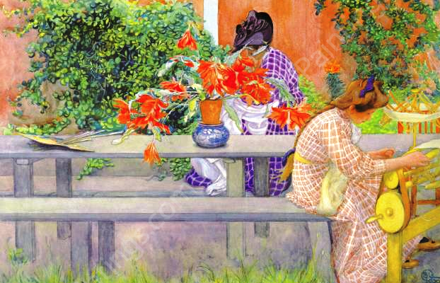 Karin and Brita with Cactus by Carl Larsson - Hand-Painted Oil Painting Reproduction
