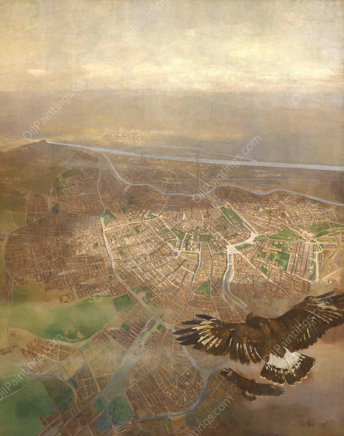 Blick auf Wien aus der BallonhOhe von 3000m uber der SchOnbrunner Gloriette  by Carl Moll - Hand-Painted Oil Painting Reproduction